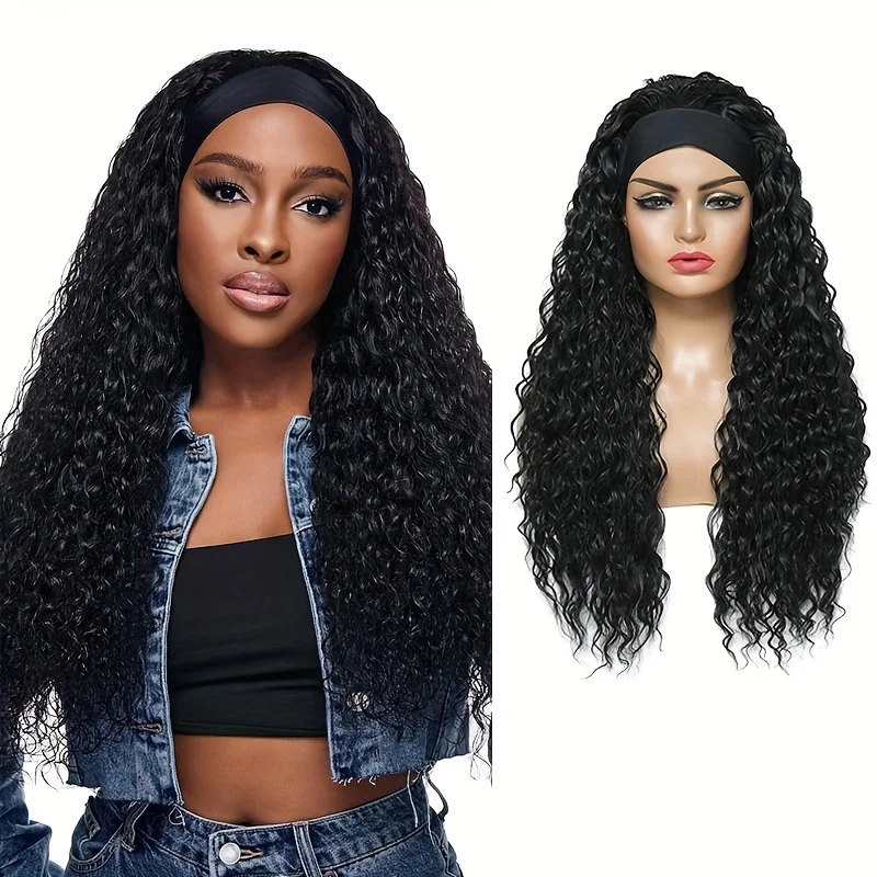 

Headband Wig Curly Headband Wigs for Women Black Synthetic glueless Wig 26 Inch and Wavy Wigs with Headbands Attached Natural f
