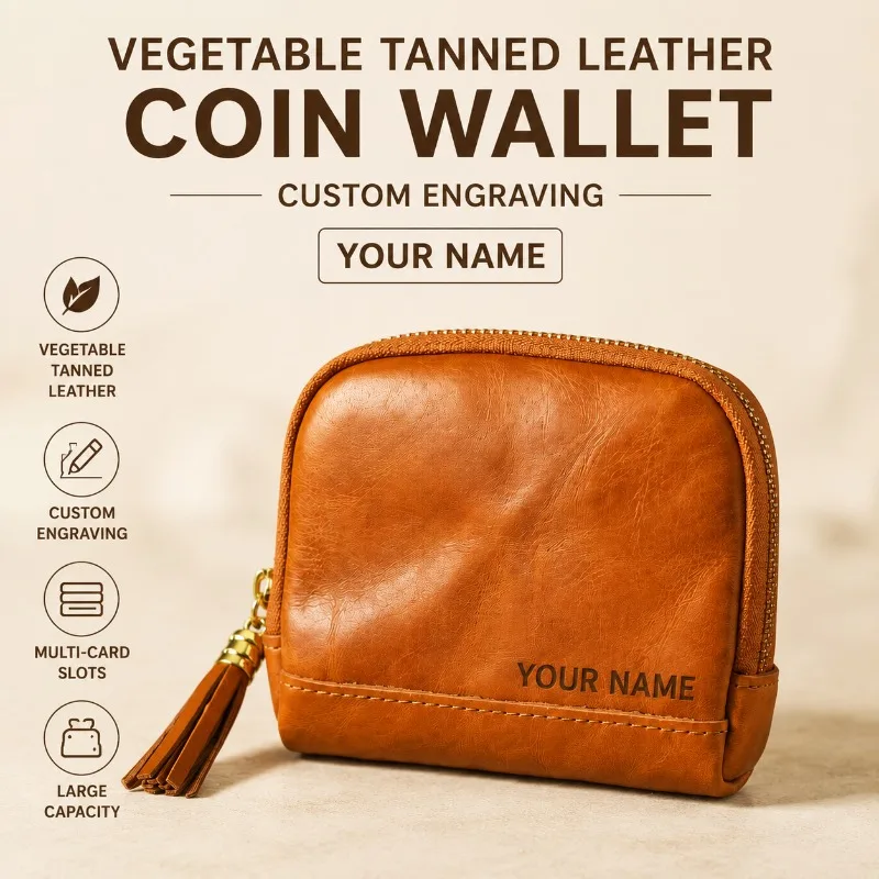 Vegetable Tanned Leather Wallet Vintage Coin Purse Card Holder Bifold Slim Wallet Large Capacity Custom Engraving