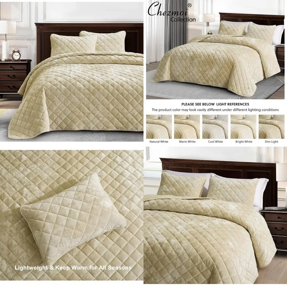 

Luxury Beige Velvet Quilted Oversized King Bedding Set, 3-Piece Plush Distressed Velvet All Season Lightweight Comfortable Sleep