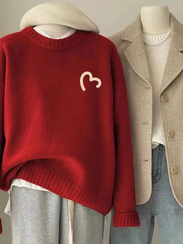 

Парные вязаные свитера больших размеров с круглым вырезом, зимние, теплые, из мягкого хлопка, с принтом в виде сердец, повседневные, удобные топы