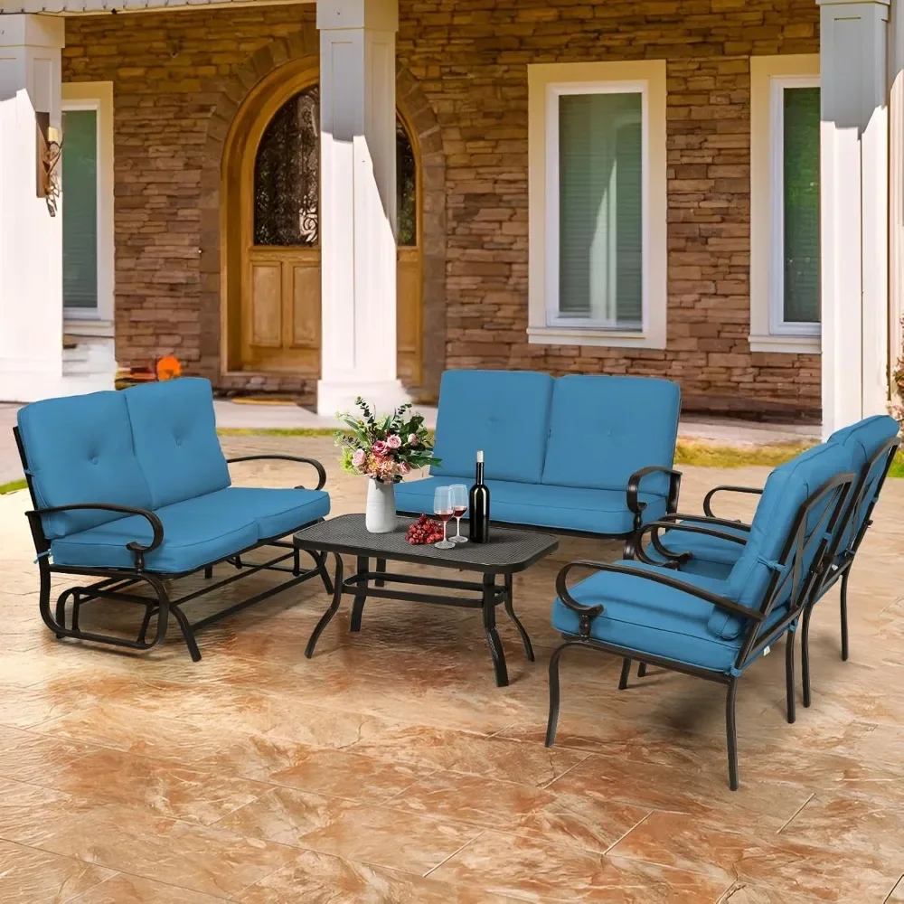 

5-piece Outdoor Metal Furniture Set, Patio Set, Wrought Iron Glider Chair, Love Seat and Coffee Table