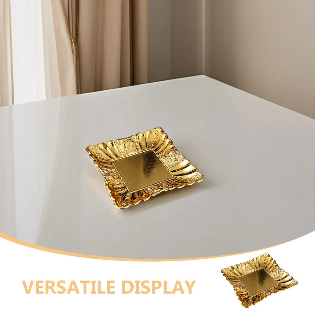 Vintage Style Square Metal Dessert Platter Tray with Intricate Floral Edges Mirror Polished Iron Cake Plate for Jewelry Snacks