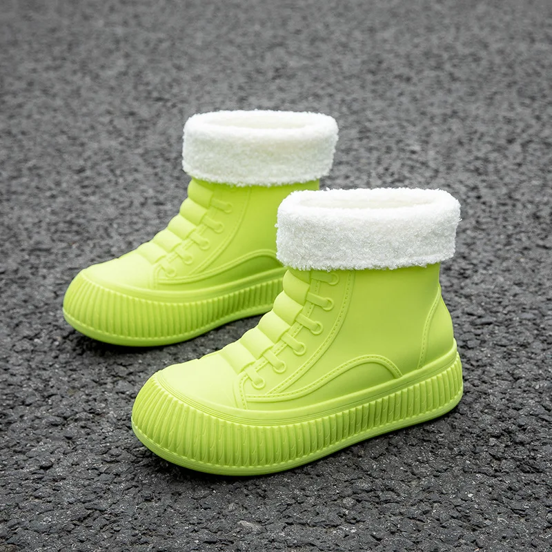 Winter-Plüsch-Regenstiefel für Damen, mit Fell gefütterte Regenschuhe, weiche Knöchelstiefel, Galoschen, Damen-Arbeitsschuhe für Regenwetter, grüne Stiefeletten