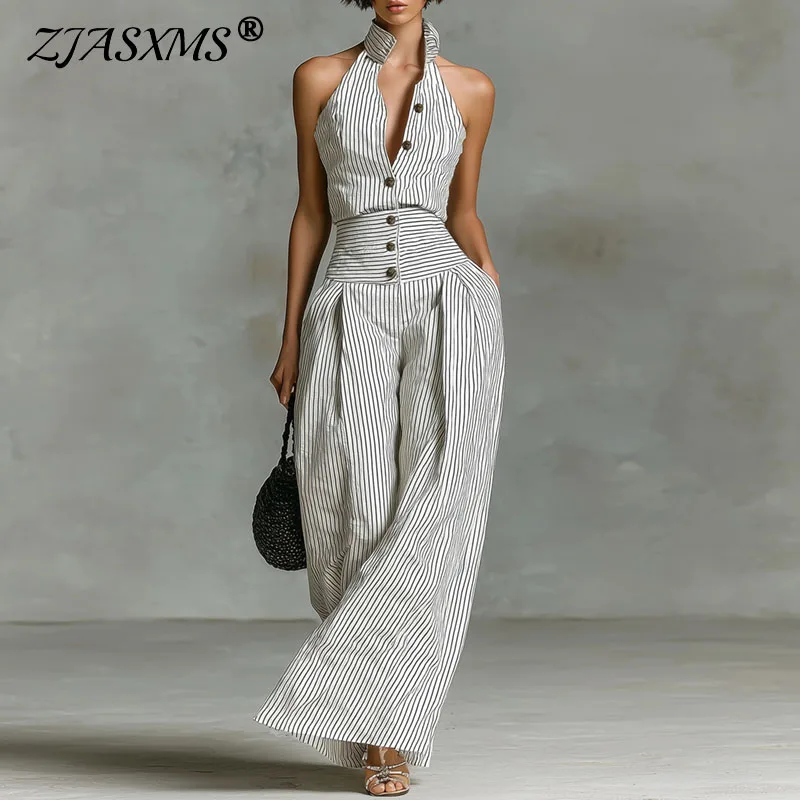 

Spring Striped Print Button Down Jumpsuit Woman Elegant High Waist Wide Leg Pants Romper New Summer Sleeveless Workwear Overalls