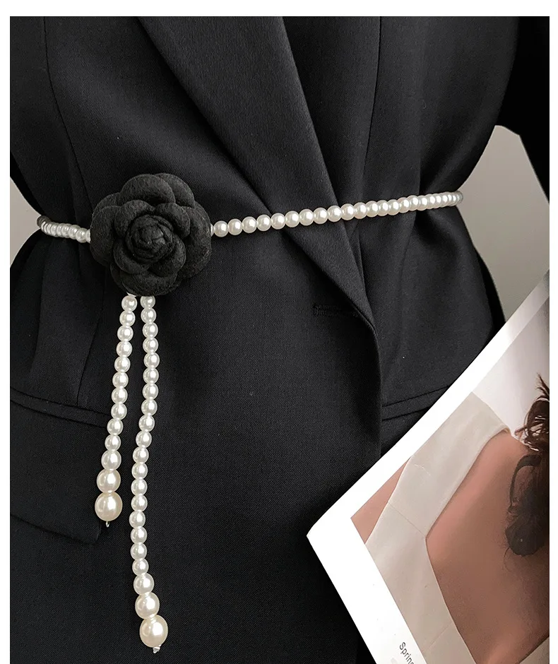 Fashion Pearl Big Rose Flower Tassel Belts Chain For Women Luxury Design Dress Accessories