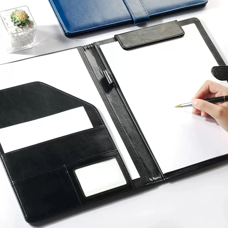 A4 Leather Padfolio Portfolio File Folder Clipboard Document Clip Organizer Business Magnetic Clamp Writing Pad Black for Office