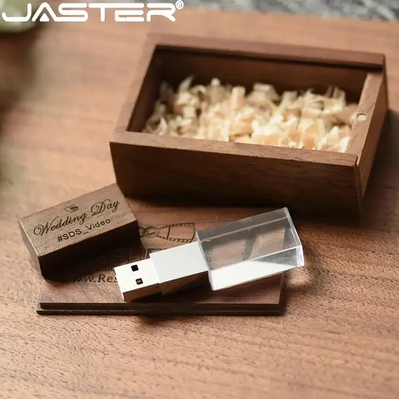 

JASTER Crystal Wood USB Flash Drive 128 GB Pen Drive Wooden Box U Disk Memory Stick Pendrive 64GB Wedding Gift Thumb Drives 32GB