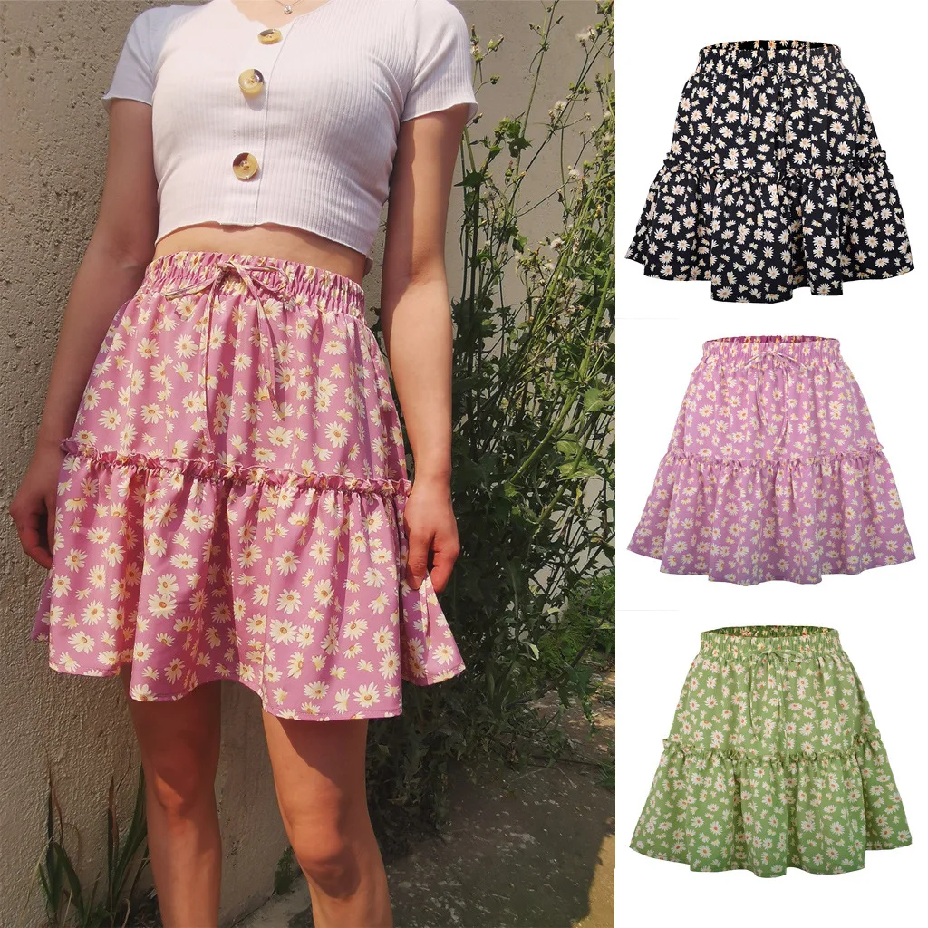 

Floral Print Skirt Women's Summer Pleated Daisy Print Sweet Sle Ci Walk Polyester Fiber Umbrella Skirt Chinese Made