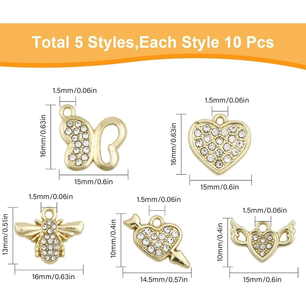 50Pcs 5Styles Cubic Zirconia Alloy Charms Rack Plating Alloy Pendants with Crystal Rhinestone Heart Bees Butterfly Wing Arrow