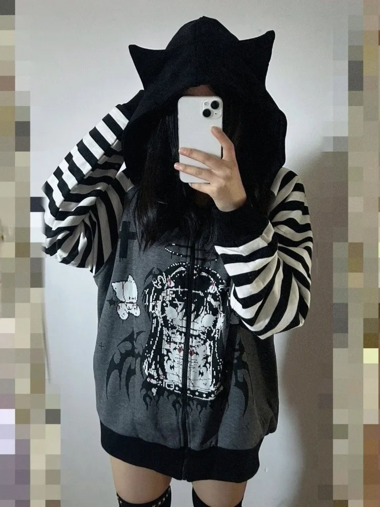 Harajuku Stripe Patchwork Hooded Tops Streetwear Oversized Y2k Aesthetic Autumn Hoody Women Grunge Printing Cat Ears Sweatshirt