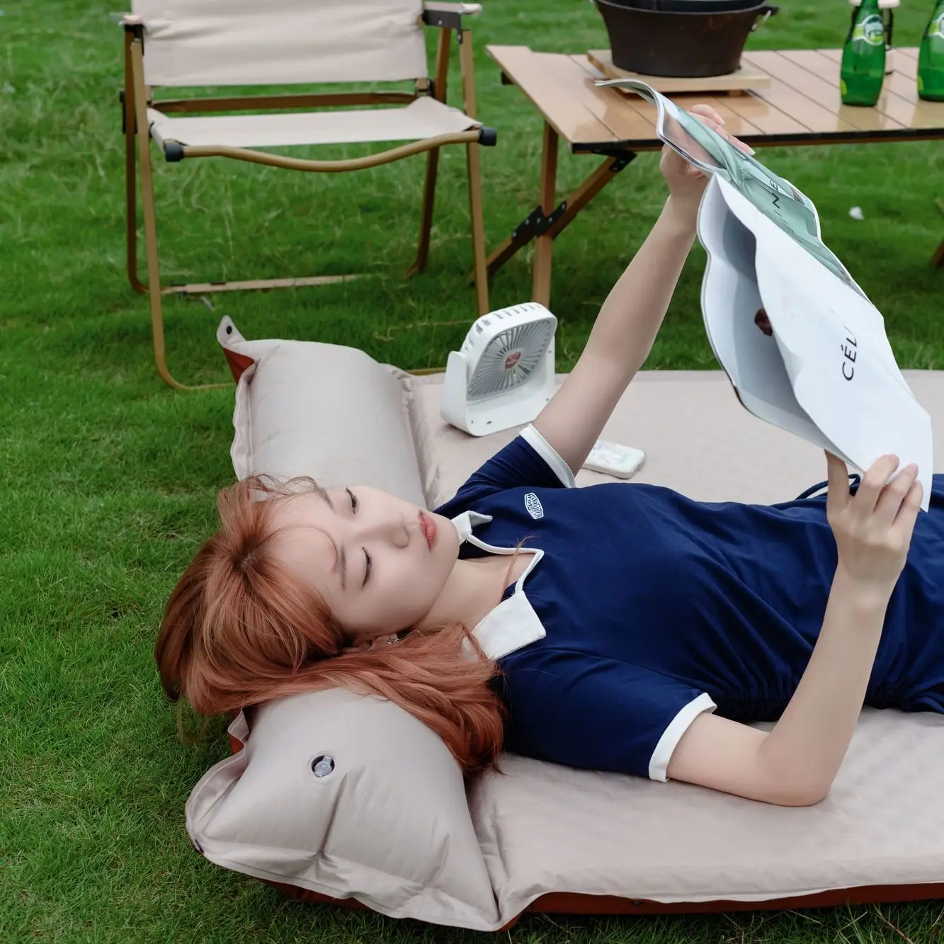 5Cm Thick Single Green Self-Inflating Air Mattress With Pillow Portable Camping Sleeping Pad For Outdoor Hiking Travel