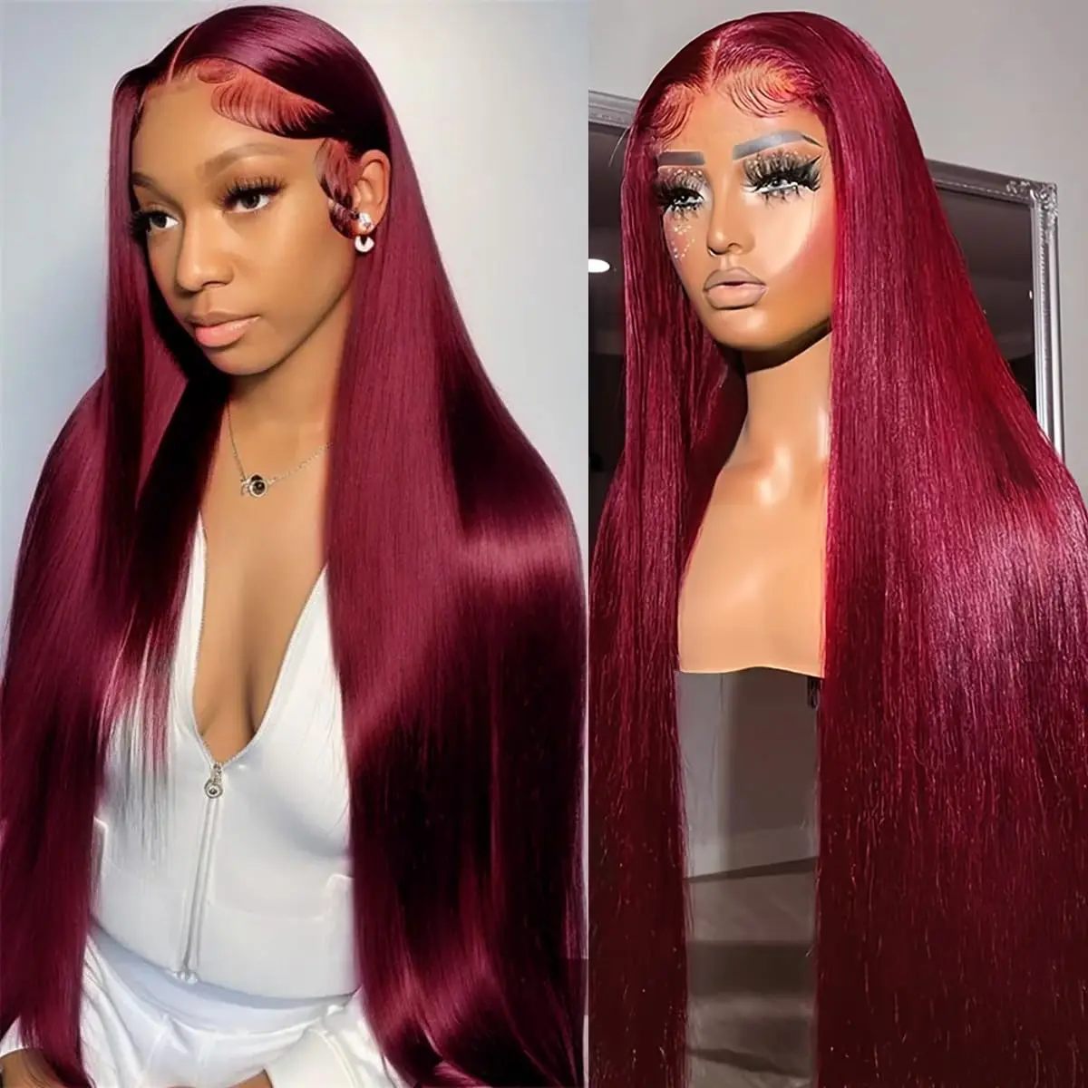 

Burgundy 13x6 HD Lace Frontal Human Hair Wig Straight Transparent Lace Front Human Hair Wigs For Women 99J Red Color 200 Density