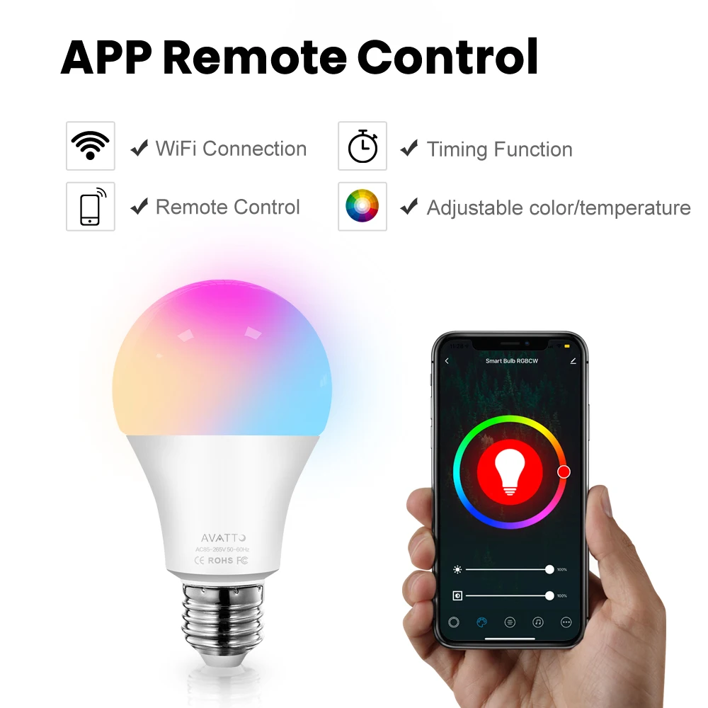 مصباح إضاءة ذكي من AVATTO Tuya 12 واط/15 واط يعمل بالواي فاي ، مصباح E27 RGB LED قابل للتعتيم مع تطبيق الحياة الذكية ، التحكم الصوتي للمنزل من Google ، Alexa
