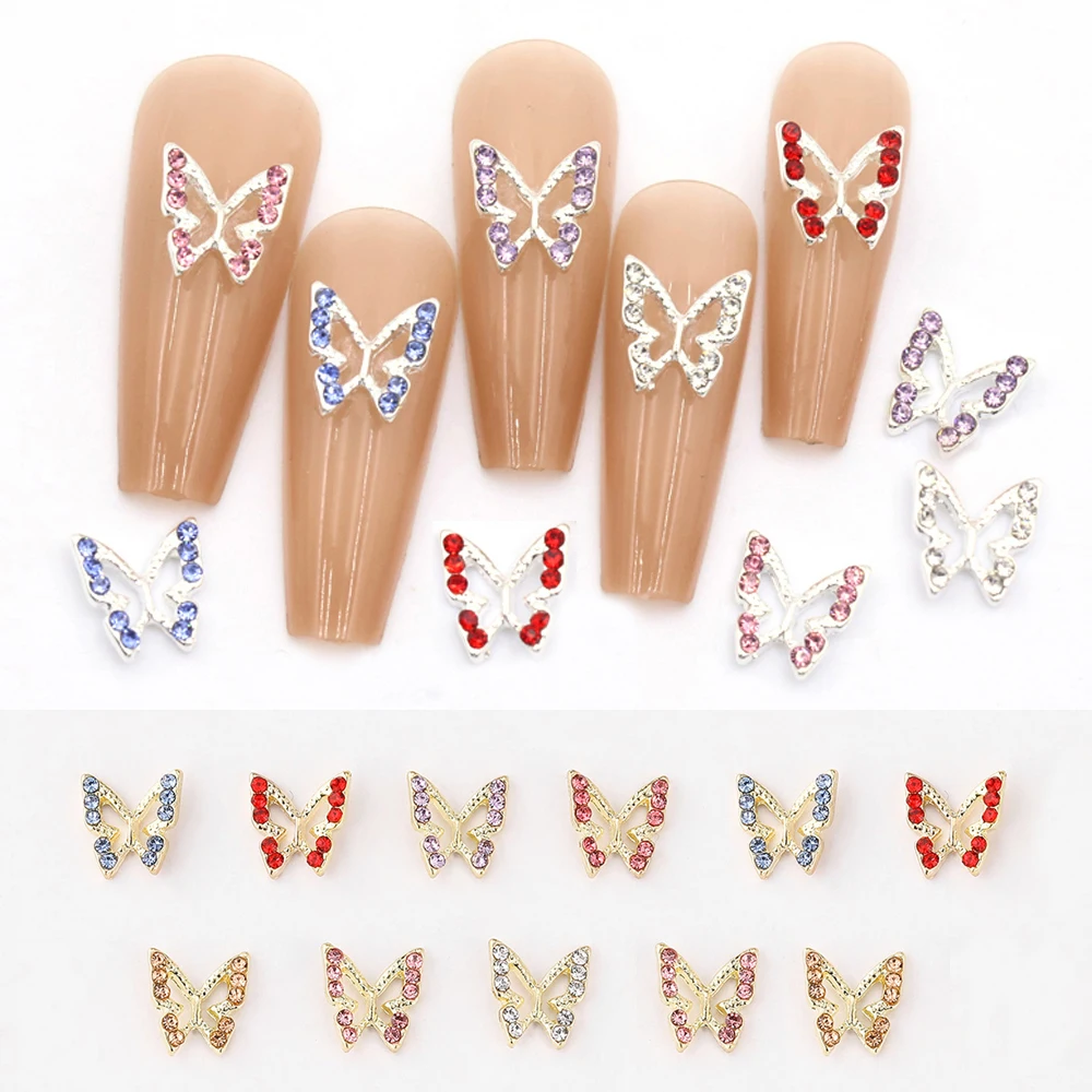 10Pcs Alloy Butterfly Nail Art Charm Diamond Sparkling Luxury Hollowed Out Butterfly Nail Ornament 3D Exquisite Nail Decoration