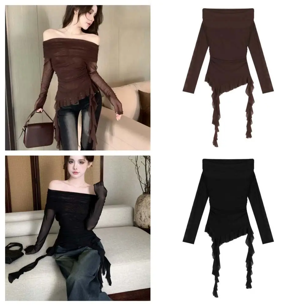 Streetwear Jellyfish Mesh Belt T-Shirt Elf Long Sleeve Off Shoulder Collar Slim Fit Crop Tops Transparent Irregular