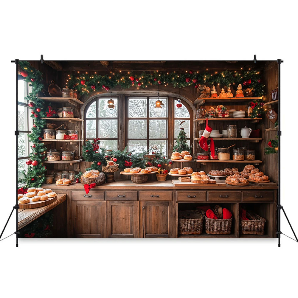 クリスマス キッチン 素朴なキャビネット 棚 窓 背景幕 フォトコール 子供 赤ちゃん 室内 クリスマス クラシック背景
