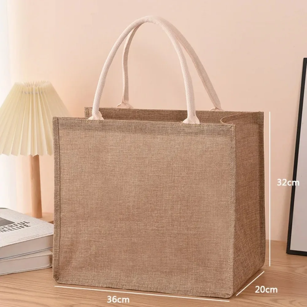 Bolsa de Compras de Lino Pintada a Mano, Bolsa Laminada de Imitación de Yute Portátil, Bolsa de Algodón Ecológica para Compras