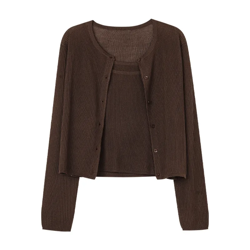 Striped Contrasting Color Knitted Cardigan Two-piece Set Women's 2024 Autumn New Basic Thin Crew Neck Top 23461