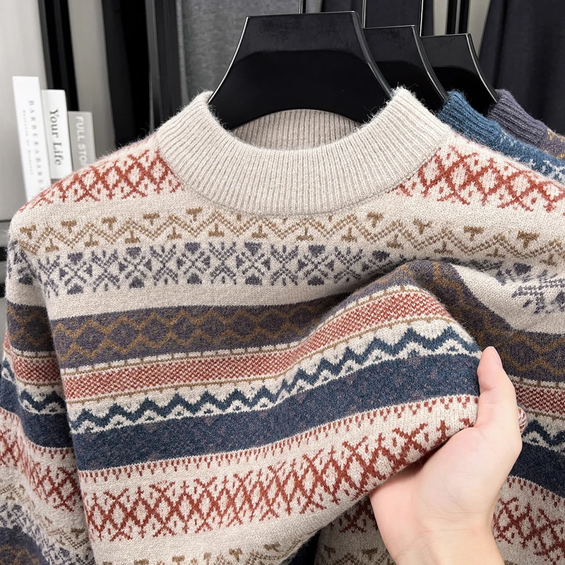 Gran oferta, novedad de invierno, Jersey grueso de cuello semialto para hombre, prendas de punto de alta calidad con bloques de Color Jacquard, ropa cálida de oficina para hombre