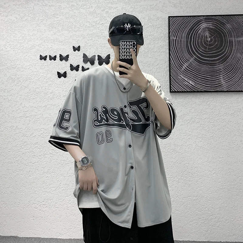 Baseball Men Women Blouse Y2k Streetwear Hip Hop Short Half Sleeve Shirts 2023 Summer Street Vintage Printed Korean Version Tops