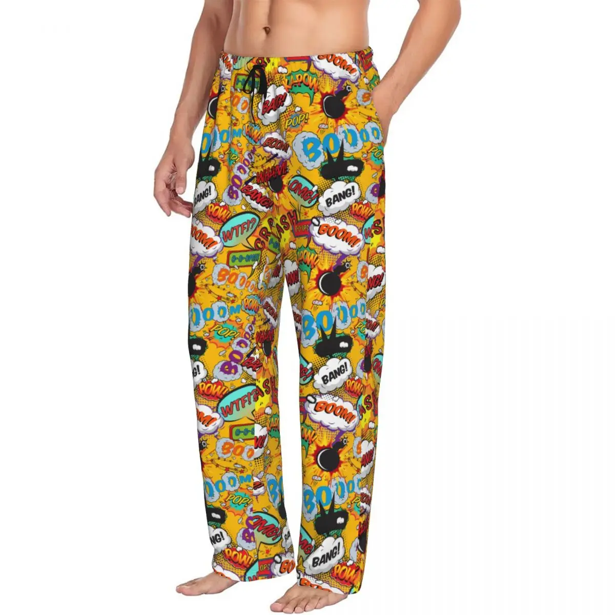 Custom Printed Superhero Comic Book Pop Art Shout Outs Cartoon Pajama Pants for Men Sleep Sleepwear Bottoms with Pockets