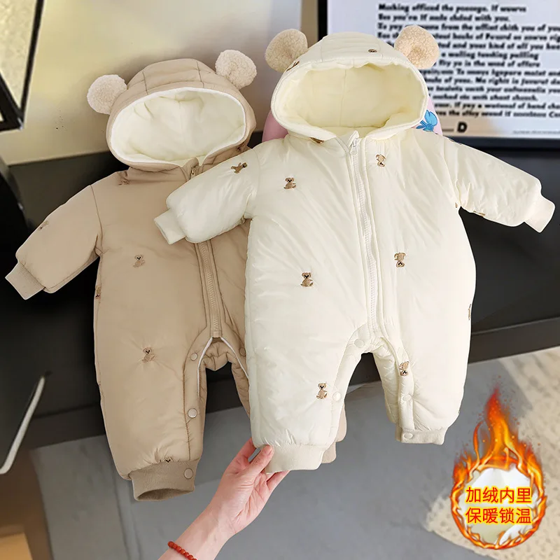 

Новые зимние толстые теплые комбинезоны для мальчиков и девочек на подкладке с бархатным боди с капюшоном и рисунком медведя для детей 1-2 лет