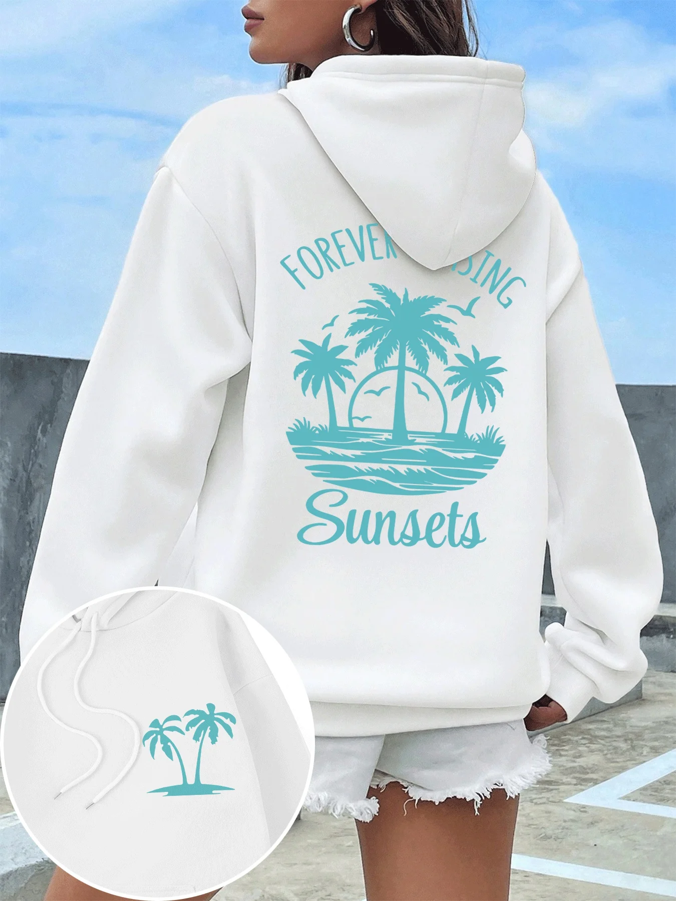 Forever Chasing Sunsets-sudaderas con estampado de playa para mujer, ropa de calle de lana para otoño, Sudadera con capucha informal cómoda, sudadera con bolsillo Y2K