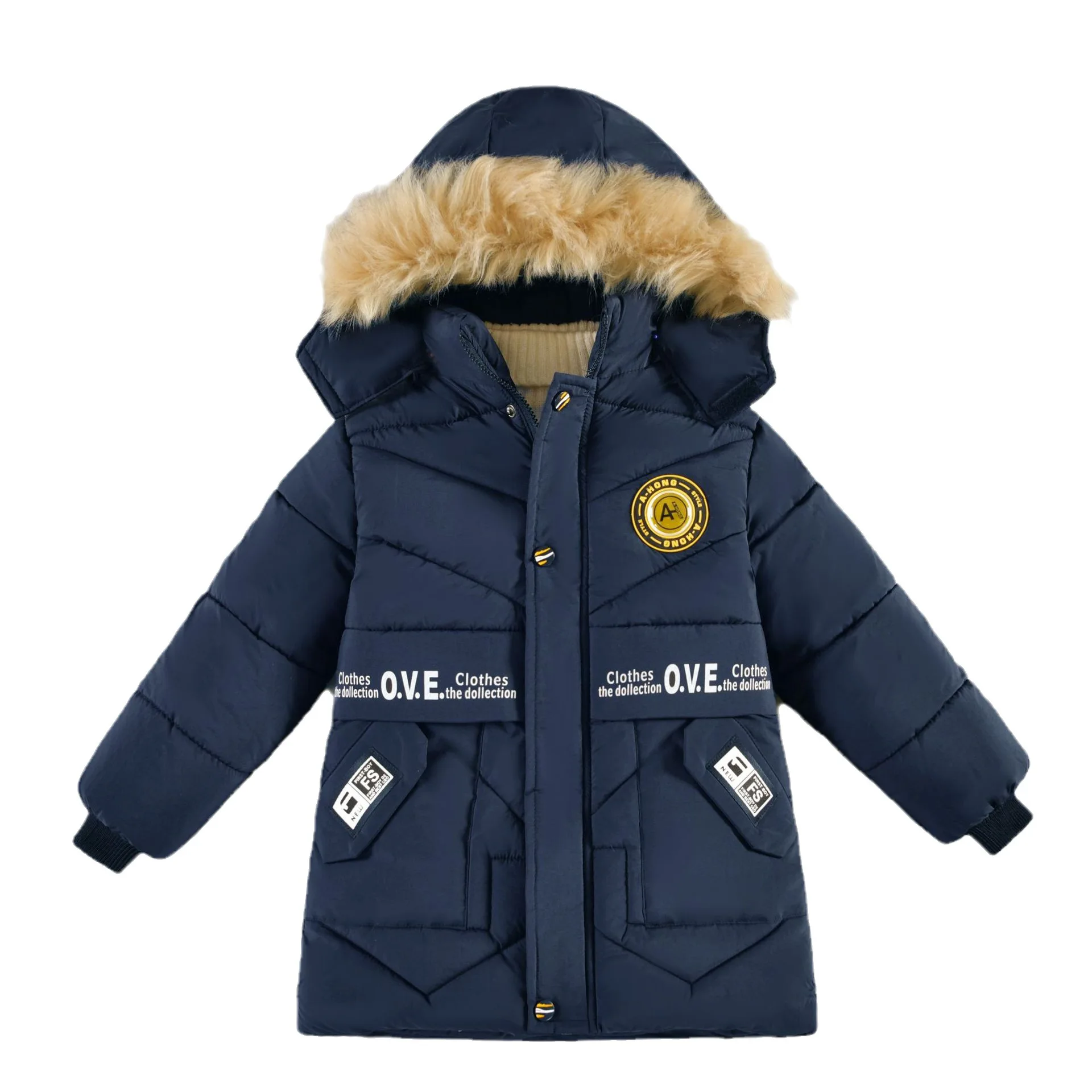 Winter Boy\'s New Letter Pocket with Thick Velvet Windproof and Warm Hooded Fur Collar Fashionable and Handsome Cotton Jacket
