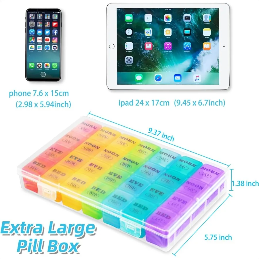 กล่องใส่ยาแบบรายสัปดาห์ขนาด XL ใหญ่พิเศษ 4 ครั้งต่อวัน 7 วัน กล่องยาเช้า-เย็น ช่องใส่ยาขนาดใหญ่ กล่องยาแบบรายเดือน 28 ช่อง