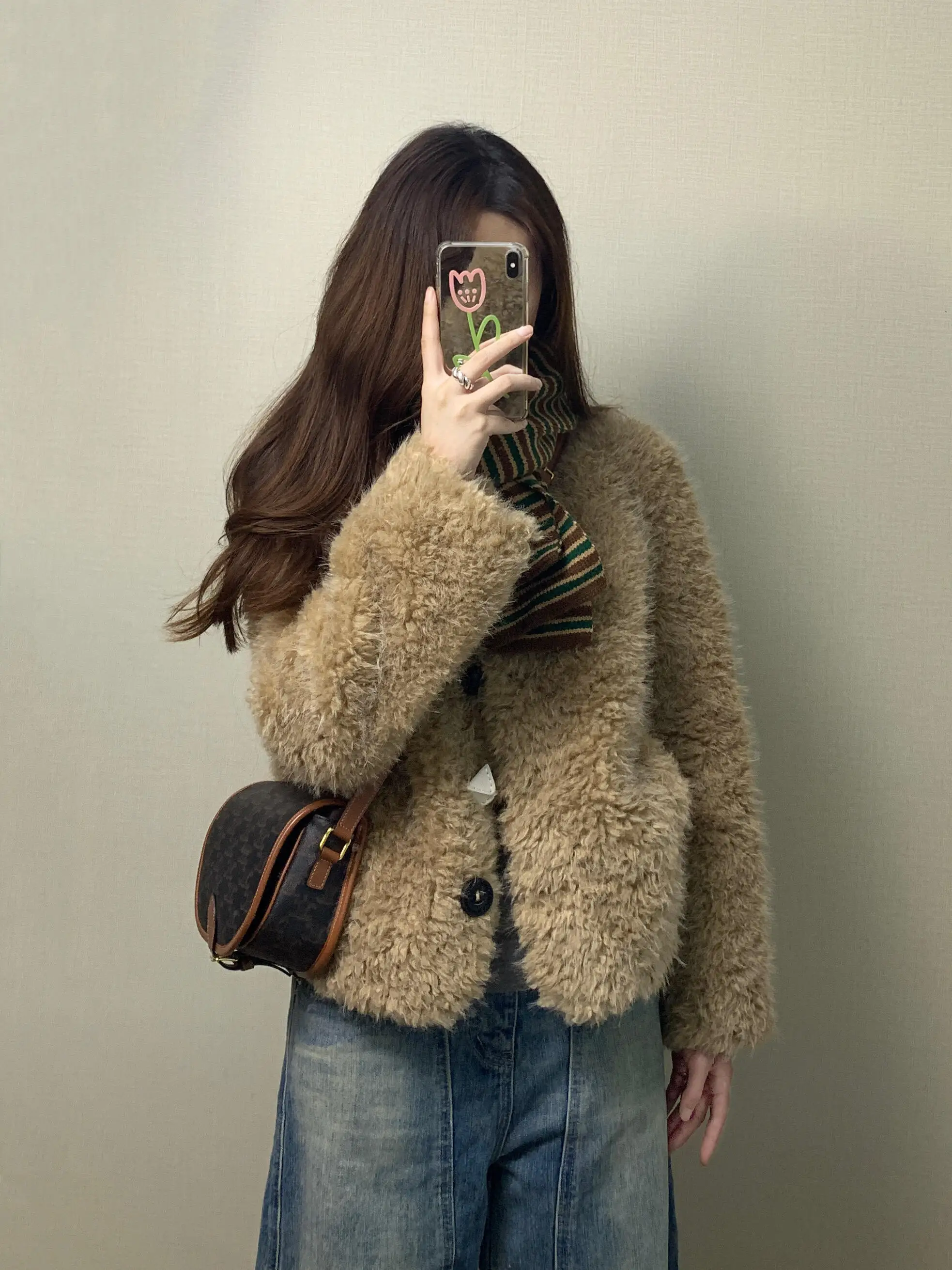 

Korean Sle Lazy Thiened ort Fur Jaet Women's Autumn Winter New Faion Warm Plu Leather And Fur Inteated Coat