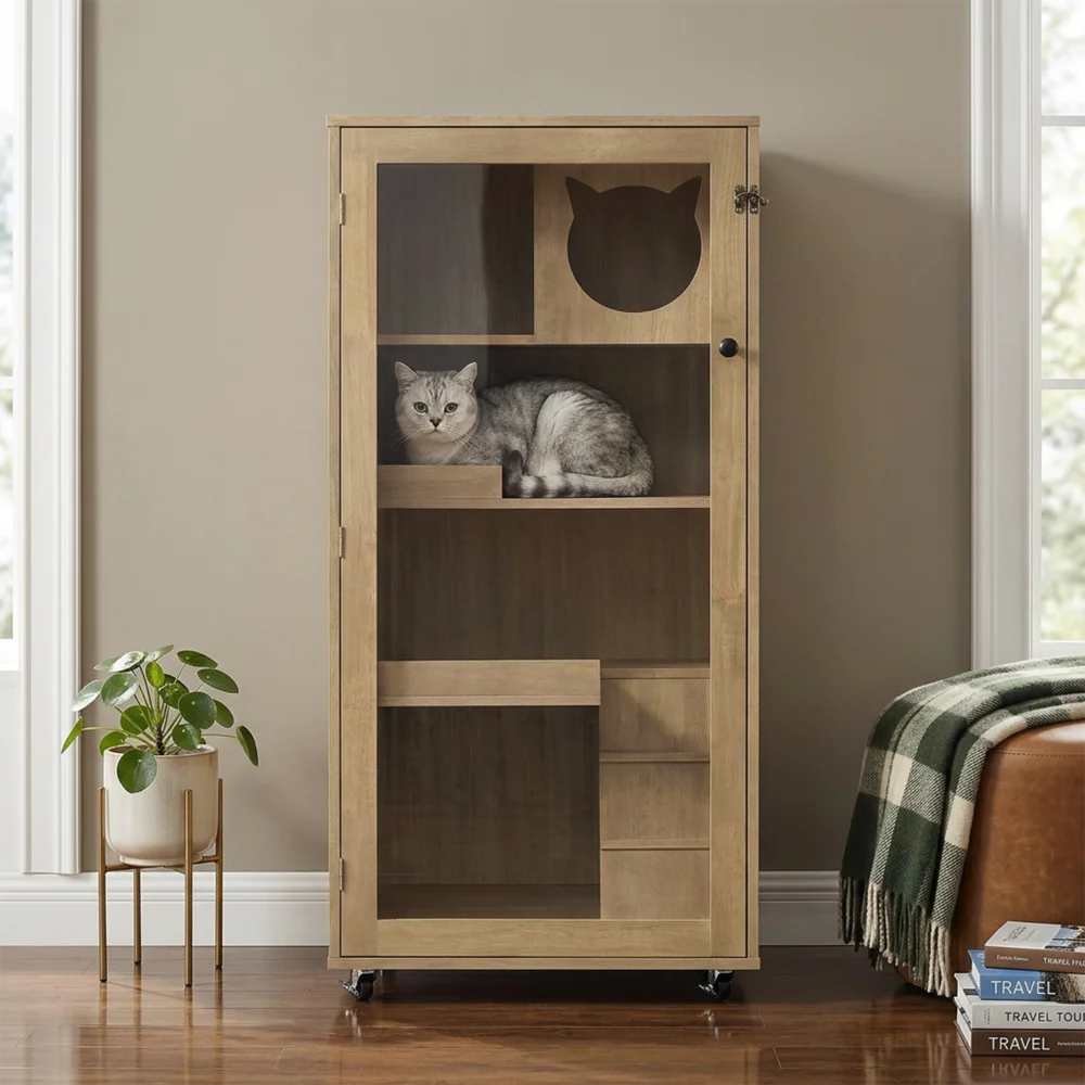 Basia Rubber Wood Cat Cabinet with Wheels, Ventilated Indoor Cat Condo with Multi-Level Shelves & Lockable Door, Safe & Spacious Cat Enclosure for Home Living, Nature Beech Finish