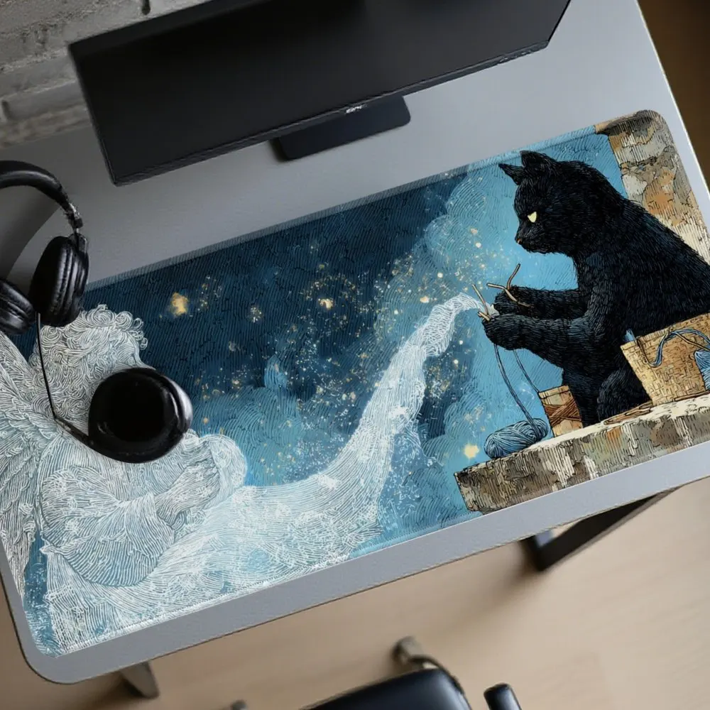 CIFBUY XXL Gaming Mouse Pad White Angel and Black Cat Woven Pattern Starry Sky Aesthetic Perfect for Your Computer Desk