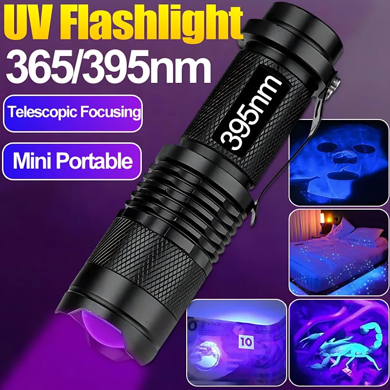 Mini linterna LED UV de 395/365nm, antorchas de luz ultravioleta con zoom, lámpara de inspección portátil, luces detectoras de escorpión y orina de mascotas