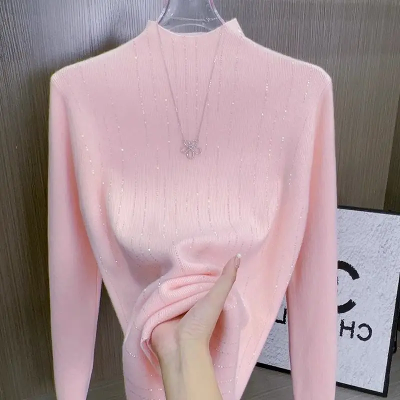 Autumn Winter Women\'s Clothing Solid Color Pullover Long Sleeve Half High Collar Rhinestone Sweater Knitted Elegant Casual Tops