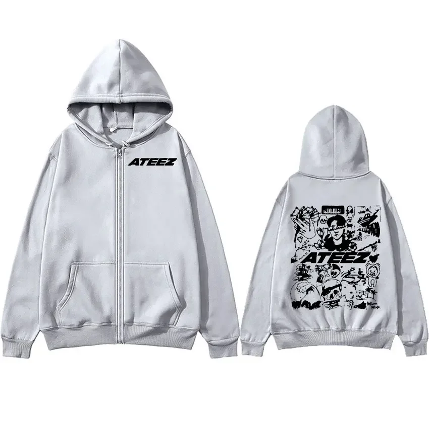 Korean Band Ateez Music Album Zipper Hoodie Men\'s Women Hip Hop Fashion Oversized Zip Up Sweatshirt Retro Pullover Coats Hoodies