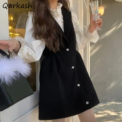 Sweet Dress Sets Women Solid Loose Puff Long Sleeve Lovely Girls Clothing New Spring Young Single Breasted Fashion All-match