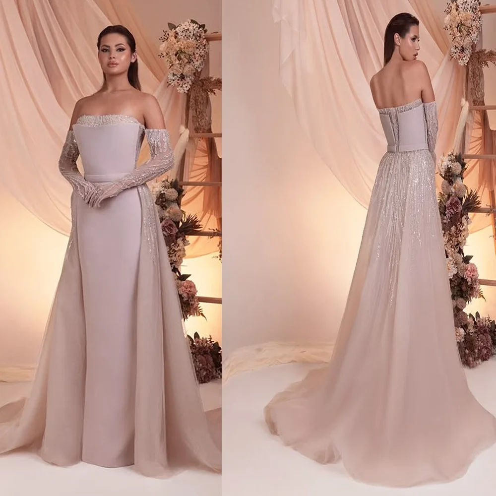 3/4 소매 반짝 이는 보트 칼라 새틴 이브닝 아랍 드레스 시스 백리스 스팽글 댄스 파티 드레스 (분리형 코트 포함) 맞춤형