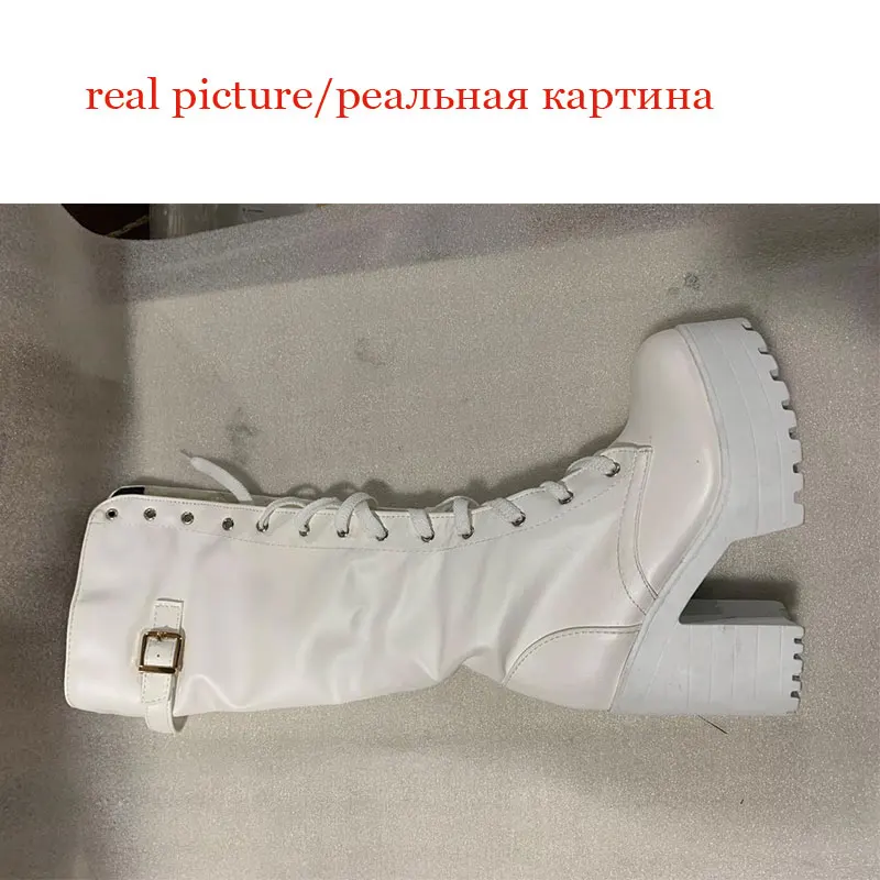 Lasyarrow Hot Sale Spring Autumn Lacing Knee High Boots Women Fashion White Square Heel Woman Leather Shoes Winter PU Size 43