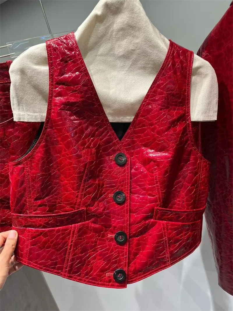 Casacos de couro verdadeiro feminino, jaqueta de pele de carneiro, blazer de couro genuíno, sobretudo vermelho, alta moda