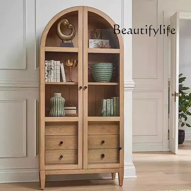 

American Country Solid Wood Independent Bookcase Bookcase French Retro Villa Glass Double Arch Display Cabinet Wine Cabinet