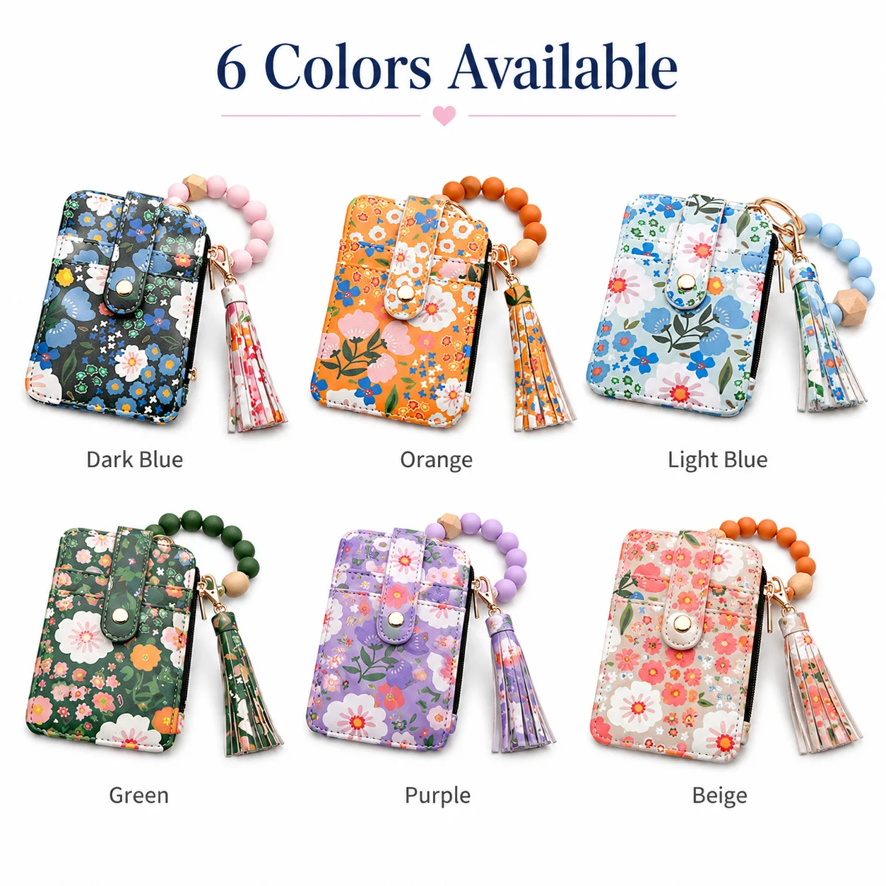 Floral PU Leather ID Card Wallet with Beaded Wristlet, Zipper Coin Pocket, Tassel Keychain Card Holder for Women
