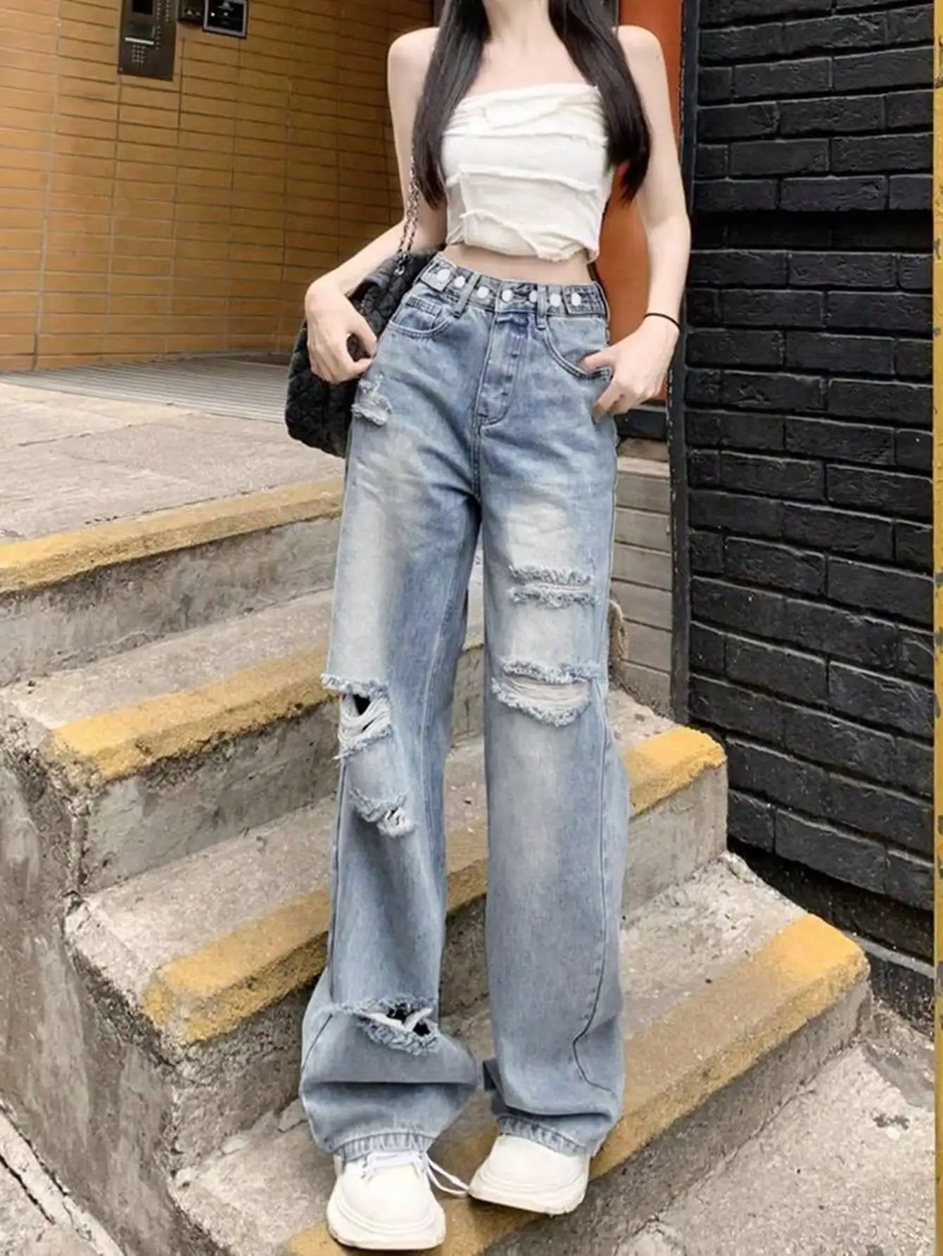 Korean Chic Niche Ins Large Hole High Waist Loose Slim Floor Mopping Pants Drapedy Denim Pants for Women