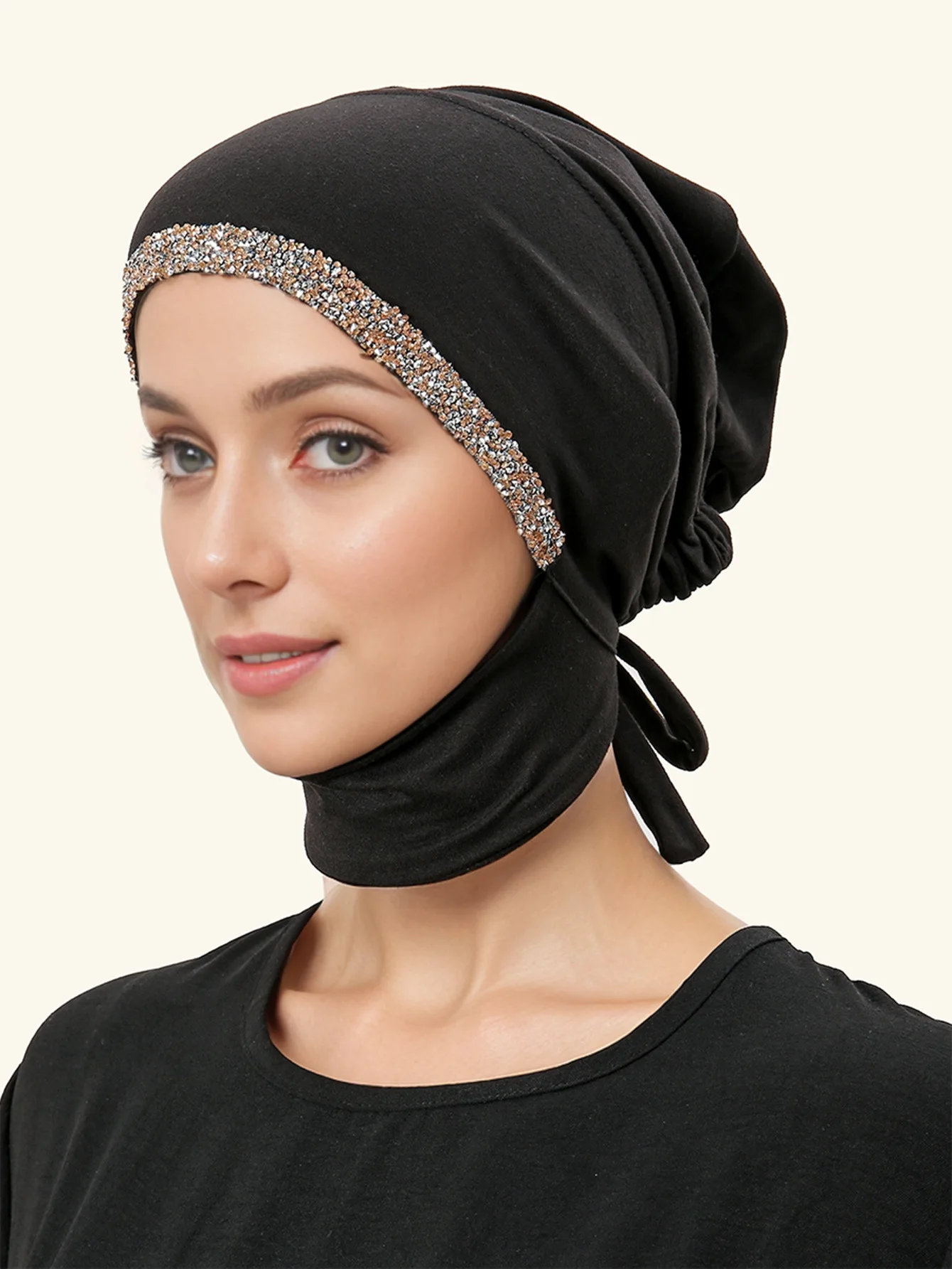 High quality muslim hats with Rhinestone pull on islamic scarf with Tie on back turban hijab bonnet inner caps Turbante Mujer