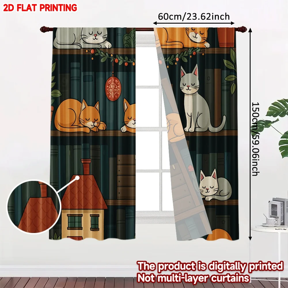 2D flat printing 2pcs Window Curtains Christmas Cats on Bookshelves Digital Printed Polyester Drapes Party Decorations for