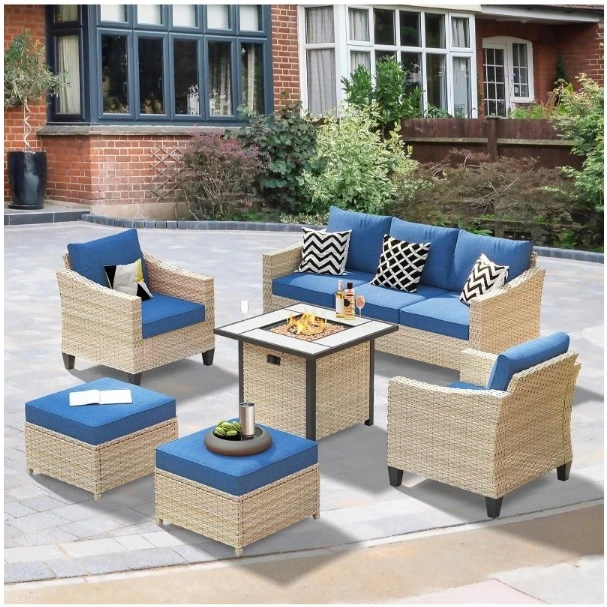 6-Piece Wicker Patio Furniture Set with Fire Table, Conversation Set with Water Resistant Thick Cushions