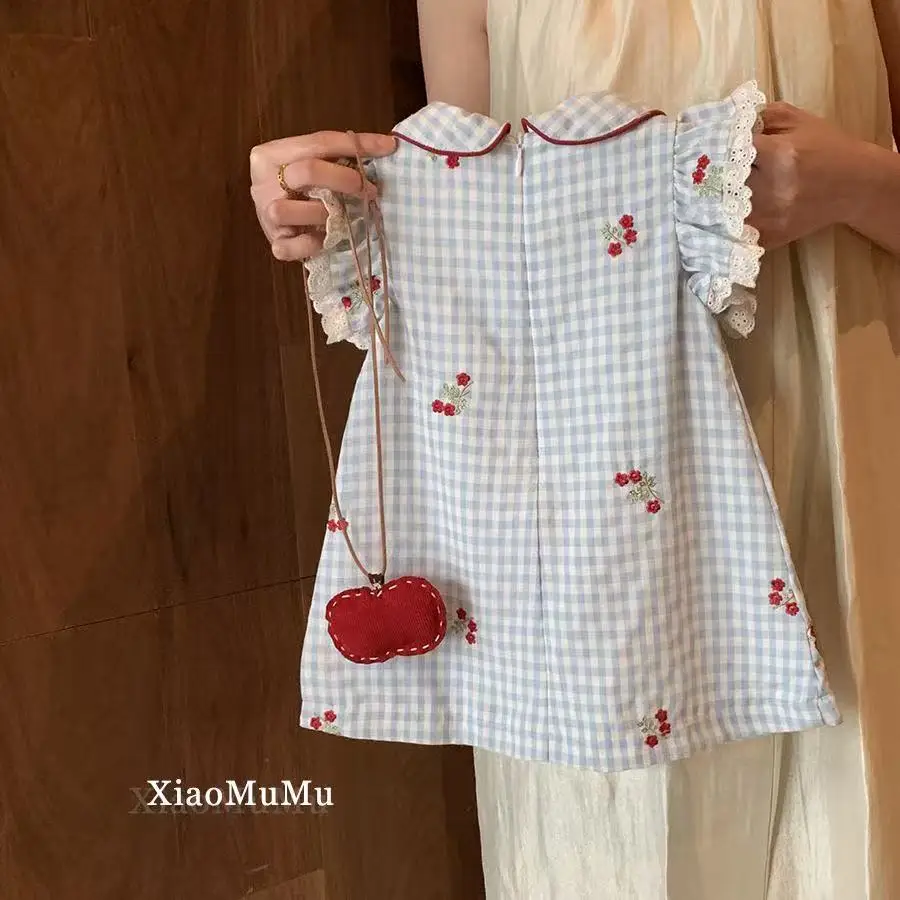 Girls' Plaid Dress Summer New Style Children's Lace Trim Dress Baby Girls Fashionable Princess Dress