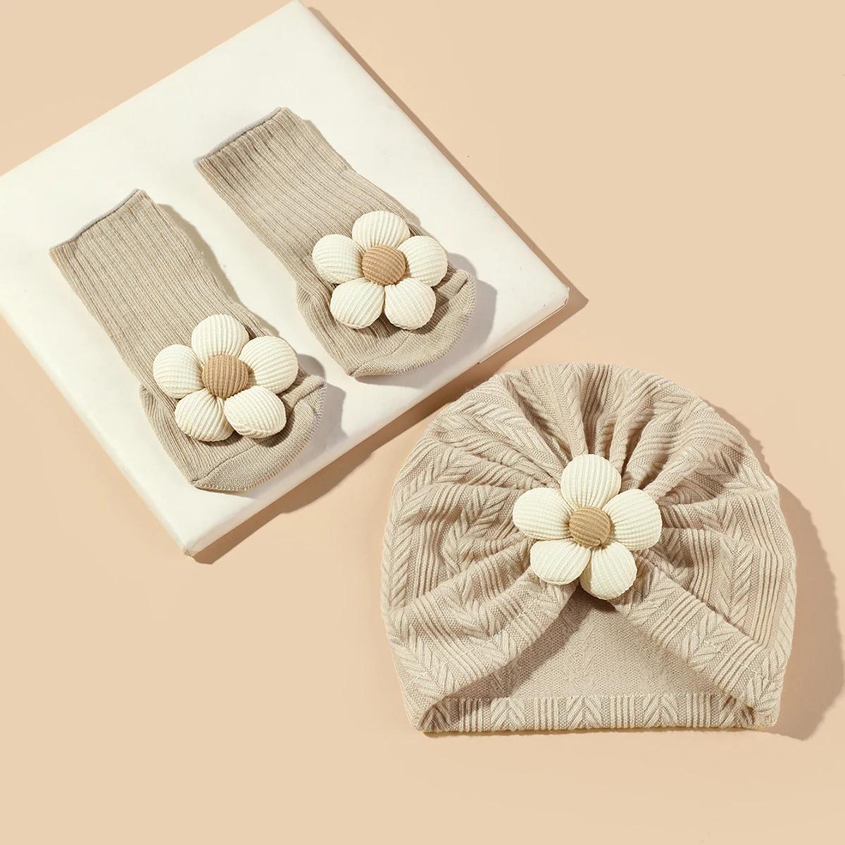 Baby Girls Flower hat Socks Set Cute Newborn Short Tube Sock+ Turban Hat Elastic Soft Infant Indian Caps 0-12M