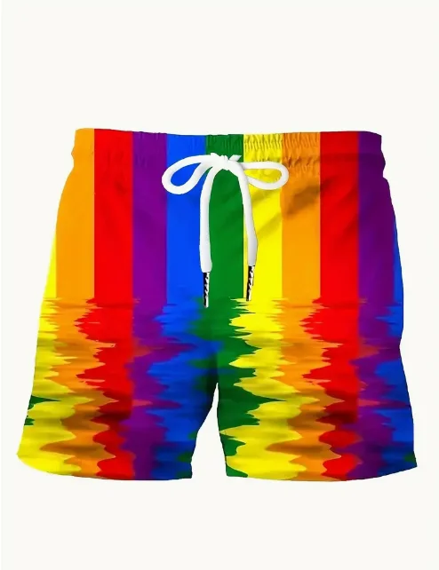 Summer New Style Men\'s Rainbow Pride Elastic Waist Drawstring Shorts Fashion Quick-Dry Beach Shorts Casual Comfort Loose Pants