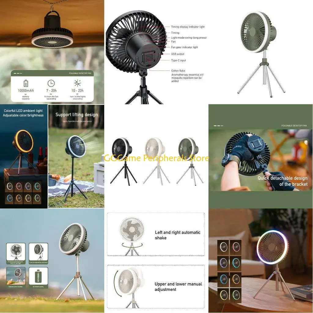 

U55B 10000mAh Remote Control Table Fan Ceiling Fan with LED Light with Tripod Canopy Fan for Boys Girls Travel Vacation Beach