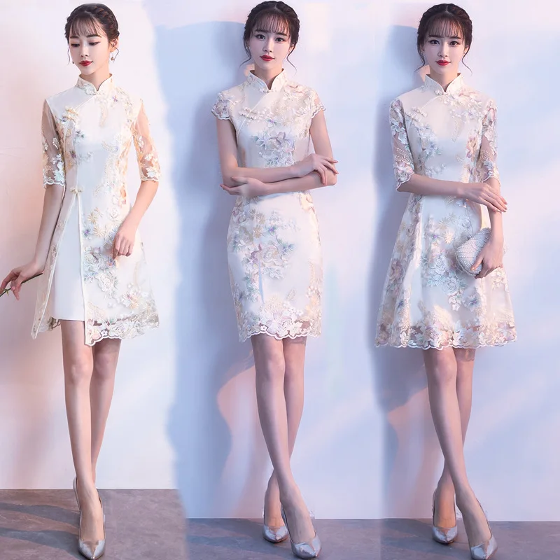 

Yourqipao 2023 Women Lace Short Cheongsam A-line Dress Embroidery Wedding Formal Dress Show Costumes Traditional Qipao XS To 3XL